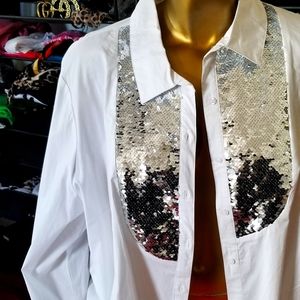 Ashley Stewart  silver white sequin  dress shirt